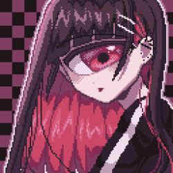 Rule 34 | 1girl, azen (mntimcczgrtn), brown hair, checkered background, collarbone, cyclops, ear piercing, from side, hair ornament, hairclip, limited palette, long hair, looking at viewer, multicolored hair, one-eyed, open mouth, original, piercing, pixel art, portrait, red eyes, red hair, sidelocks, solo, two-tone background, two-tone hair, upper body