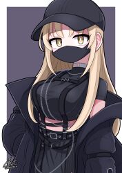 Rule 34 | 1girl, baseball cap, black hat, black jacket, black mask, black shirt, black skirt, breasts, brown eyes, chest harness, cropped shirt, harness, hat, highres, jacket, leather belt, light brown hair, long hair, long sleeves, looking at viewer, mask, medium breasts, mouth mask, negiponzu, nijisanji, official alternate costume, open clothes, open jacket, shirt, short sleeves, sister claire, sister claire (9th costume), skin tight, skirt, solo, straight hair, suspender skirt, suspenders, t-shirt, taut clothes, taut shirt, virtual youtuber