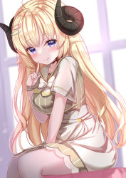 Rule 34 | 1girl, ;q, ahoge, animal ears, blonde hair, blush, closed mouth, dress, hair ornament, hairclip, highres, hololive, horns, long hair, looking at viewer, one eye closed, purple eyes, sheep ears, sheep horns, smile, solo, striped clothes, striped dress, tongue, tongue out, tsunomaki watame, tsunomaki watame (street casual), vertical-striped clothes, vertical-striped dress, very long hair, virtual youtuber, yuano