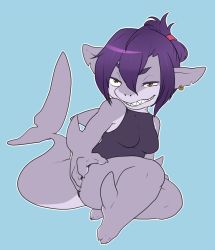 Rule 34 | 1girl, breasts, copyright request, female focus, flat color, full body, furry, furry female, grin, powderkona, purple hair, shark, simple background, smile, solo, swimsuit, yellow eyes