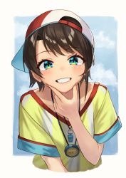 Rule 34 | 1girl, absurdres, baseball cap, black hair, blue background, blue eyes, blush, border, grin, hand on own chin, hara kenshi, hat, highres, hololive, leaning forward, looking at viewer, oozora subaru, oozora subaru (1st costume), outside border, reversed cap, shirt, short hair, short sleeves, smile, solo, stopwatch, striped clothes, striped shirt, t-shirt, upper body, v-neck, vertical-striped clothes, vertical-striped shirt, virtual youtuber, watch, whistle, whistle around neck