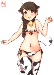 Rule 34 | 1girl, alternate costume, animal ears, animal print, artist logo, bikini, braid, brown eyes, brown hair, commentary request, covered erect nipples, cow ears, cow horns, cow print, cow tail, cowboy shot, dated, fake animal ears, fake horns, flat chest, hair over shoulder, highres, horns, kanon (kurogane knights), kantai collection, long hair, micro bikini, one-hour drawing challenge, side-tie bikini bottom, simple background, single braid, solo, swimsuit, tail, thighhighs, uranami (kancolle), white background, white bikini, white thighhighs
