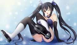 Rule 34 | alternate costume, bare shoulders, black hair, black thighhighs, blue background, bodysuit, boots, breasts, choujigen game neptune, cleavage, collar, detached collar, euforianatsuni, figure skater, gekijigen tag: blanc + neptune vs zombie gundan, gloves, ice, ice skater, ice skates, leggings, long hair, medium breasts, nepnep connect: chaos chanpuru, neptune (series), noire (neptunia), one eye closed, open mouth, red eyes, ribbon, sitting, skates, snowing, solo, surprised, thighhighs, thighs, tsundere, twintails, uncomfotable, very long hair, vvvtune