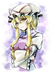 Rule 34 | 1girl, absurdres, blonde hair, bow, closed mouth, commentary request, cropped torso, crossed arms, frilled sleeves, frills, hair bow, hat, hat ribbon, highres, immaterial and missing power, kinese (katasutorohu), light smile, looking at viewer, mob cap, red bow, red ribbon, ribbon, short hair with long locks, solo, tabard, touhou, upper body, wide sleeves, yakumo yukari, yellow eyes