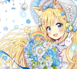 Rule 34 | 1girl, :d, animal, animal ears, animal on shoulder, bare shoulders, bird, blonde hair, blue bow, blue eyes, blue flower, bonnet, bouquet, bow, cat ears, commentary, crescent, detached sleeves, flower, hair bow, hat, highres, holding, holding bouquet, long hair, open mouth, original, petals, rabbit, rabbit on shoulder, rainbow, sakura oriko, smile, solo, star (symbol), teeth, upper teeth only, very long hair, white flower, white hat