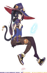 Rule 34 | 1girl, absurdres, air jordan, air jordan 1, animal ears, artist name, ass, black gloves, black hair, black pantyhose, black ribbon, blue eyes, blush, breasts, cat ears, cat tail, cloba, closed mouth, detached sleeves, diamond (shape), from side, genshin impact, gloves, hair ornament, hair ribbon, hat, highres, leotard, long hair, looking at viewer, medium breasts, mona (genshin impact), nike (company), pantyhose, purple hat, ribbon, shoe dangle, shoes, sideboob, signature, simple background, sitting, sketch, smile, sneakers, solo, tail, thighlet, twintails, white background, witch hat
