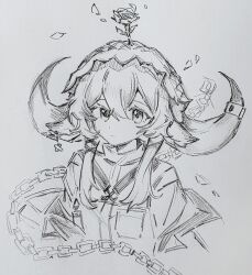 Rule 34 | 1girl, arknights, chain, closed mouth, cropped torso, flower, flower on head, grey background, greyscale, hair between eyes, hair ornament, highres, horns, jacket, long hair, looking at viewer, monochrome, pallas (arknights), petals, sidelocks, simple background, solo, traditional media, upper body, x hair ornament, xinjinjumin8527670