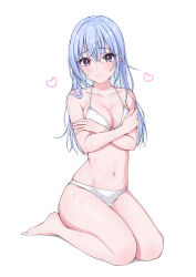 Rule 34 | 1girl, absurdres, bare legs, barefoot, bikini, blue hair, blush, breasts, cleavage, collarbone, covering breasts, covering privates, heart, highres, idolmaster, idolmaster shiny colors, kneeling, long hair, looking at viewer, medium breasts, navel, purple eyes, simple background, smile, solo, sorugi park, stomach, straight hair, suzuki hana, swimsuit, very long hair, white background, white bikini