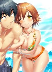 Rule 34 | 1boy, 1girl, arm hug, bikini, bracelet, breasts, brown hair, cleavage, commentary request, cowboy shot, highres, honda mio, idolmaster, idolmaster cinderella girls, jewelry, large breasts, necklace, orange bikini, producer (idolmaster), producer (idolmaster cinderella girls anime), short hair, smile, swimsuit, thigh gap, third-party source, water, yellow eyes, zen