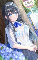 Rule 34 | 1girl, bag, black hair, black skirt, blue bra, blue eyes, blurry, blurry background, blurry foreground, bow, bowtie, bra, bra visible through clothes, breasts, bus stop, closed mouth, collared shirt, dutch angle, flower, flustered, gradient hair, handbag, highres, hydrangea, lace, lace-trimmed bra, lace trim, light blush, light frown, long hair, long sleeves, looking down, medium breasts, miniskirt, mizukoshi (marumi), multicolored hair, original, outdoors, rain, school uniform, shirt, shirt partially tucked in, sidelocks, sign, skirt, sleeves rolled up, solo, squiggle, striped bow, striped bowtie, striped clothes, tree, under tree, underwear, wet, wet clothes, wringing clothes, wringing skirt