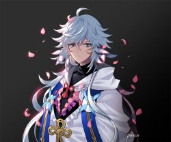 Rule 34 | 1boy, ahoge, artist name, bishounen, black background, closed mouth, commentary request, expressionless, falling petals, fate/grand order, fate (series), flower, flower knot, hood, hood down, hooded robe, long hair, long sleeves, looking at viewer, male focus, merlin (fate), petals, pink flower, pukui, purple eyes, ribbon, robe, simple background, solo, tassel, upper body, very long hair, white hair, white robe