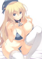 Rule 34 | 10s, 1girl, atago (kancolle), beret, bikini, blonde hair, blue bikini, blue eyes, breast press, breasts, collarbone, female focus, hat, highres, hijiki meshi, kantai collection, lace, lace-trimmed legwear, lace trim, large breasts, leg up, long hair, looking at viewer, simple background, sitting, skindentation, smile, solo, strap lift, swimsuit, thighhighs, undressing, untied bikini, white thighhighs