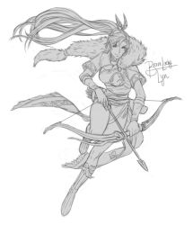 Rule 34 | 1girl, boots, bow (weapon), breasts, dress, earrings, fingerless gloves, fire emblem, fire emblem: the blazing blade, fire emblem heroes, gloves, greyscale, high ponytail, jewelry, krazehkai, long hair, looking at viewer, lyn (fire emblem), monochrome, nintendo, ponytail, smile, solo, very long hair, weapon