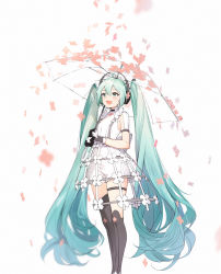 Rule 34 | 1girl, alternate costume, aqua eyes, aqua hair, armpit cutout, asymmetrical legwear, black thighhighs, blurry, blurry foreground, butterfly ornament, clothing cutout, commentary, dated, depth of field, english commentary, falling petals, feet out of frame, floral print, flower skirt, gloves, hair ornament, hatsune miku, headphones, highres, hokuotzu, holding, holding umbrella, long hair, mismatched legwear, open mouth, petals, shirt, short sleeves, shorts, skirt, smile, solo, standing, suspender skirt, suspenders, thigh strap, thighhighs, transparent, transparent umbrella, twintails, umbrella, very long hair, vocaloid, white shirt, white shorts