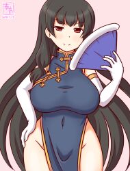 Rule 34 | 1girl, alternate breast size, alternate costume, artist logo, black hair, blush, breasts, china dress, chinese clothes, covered navel, cowboy shot, dated, dress, elbow gloves, folding fan, gloves, gradient background, hair ribbon, hand fan, holding, holding fan, isokaze (kancolle), kanon (kurogane knights), kantai collection, large breasts, long hair, looking at viewer, no panties, one-hour drawing challenge, pink background, red eyes, ribbon, sleeveless, sleeveless dress, smile, solo