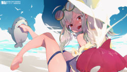 Rule 34 | 1girl, arknights, bare legs, bare shoulders, barefoot, biting, blue sky, blush, commentary request, day, dm (dai miao), eyewear on head, highres, inflatable orca, inflatable toy, long hair, looking back, official alternate costume, open mouth, outdoors, red eyes, shark, silver hair, skadi (arknights), skadi (waverider) (arknights), sky, solo, sunglasses, tears, thigh strap