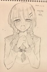 Rule 34 | 1girl, absurdres, blush, braid, commentary request, cropped torso, crying, crying with eyes open, dated, graphite (medium), greyscale, hair ornament, hairclip, highres, long sleeves, low twin braids, monochrome, neckerchief, open mouth, original, school uniform, serafuku, shirt, shoko (gs music11), solo, tears, traditional media, translation request, twin braids, upper body