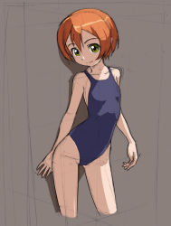 Rule 34 | 10s, 1girl, blue one-piece swimsuit, brown hair, cropped legs, green eyes, grey background, hoshizora rin, looking to the side, love live!, love live! school idol project, one-piece swimsuit, orange hair, rohitsuka, school swimsuit, short hair, sketch, solo, standing, swimsuit, yellow eyes