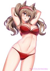 Rule 34 | 1girl, :o, absurdres, angelina (arknights), animal ears, arknights, blush, breasts, brown hair, cleavage, earpiece, hairband, highres, katou shinobu, large breasts, looking at viewer, navel, open mouth, red eyes, solo, striped clothes, striped hairband, twintails, underwear, white background