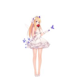 Rule 34 | 1girl, alternate costume, blonde hair, blue eyes, blush, breasts, bug, butterfly, cleavage, dress, fake wings, flower, frilled dress, frills, full body, gloves, bug, jewelry, large breasts, long hair, necklace, official art, red flower, red rose, rose, saratoga (warship girls r), short dress, solo, strapless, strapless dress, suisai., tiara, transparent background, warship girls r, white dress, white gloves, wings