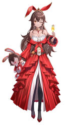 Rule 34 | 1girl, amber (genshin impact), animal ears, bare shoulders, baron bunny (genshin impact), belt, breasts, brown belt, brown hair, cleavage, commentary, crossed bangs, cup, dress, full body, genshin impact, hair between eyes, hand up, highres, holding, holding cup, jewelry, long hair, long sleeves, looking at viewer, lunacle, one eye closed, parted lips, rabbit ears, red dress, red footwear, shiny skin, simple background, smile, standing, tiara, vision (genshin impact), white background, wide sleeves