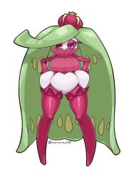 Rule 34 | 1girl, breasts, covering own mouth, creatures (company), crown, full body, game freak, gen 7 pokemon, green hair, hands on own hips, highres, kaz an, large breasts, legs, long hair, looking at viewer, nintendo, pokemon, pokemon (creature), red eyes, simple background, solo, standing, thighhighs, tsareena, very long hair, white background