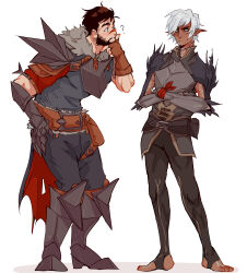 Rule 34 | 2boys, ?, absurdres, armor, beard, black hair, crossed arms, dark-skinned male, dark skin, dragon age, dragon age 2, elf, facial hair, facial mark, fenris (dragon age 2), full beard, full body, fur-trimmed armor, fur trim, garrett hawke, green eyes, hand on own chin, highres, looking at another, looking to the side, lunehowls, male focus, mature male, multiple boys, neck tattoo, pointy ears, short hair, shoulder tattoo, simple background, tattoo, white background, white hair