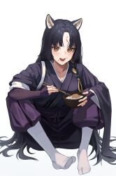 Rule 34 | 1girl, absurdres, animal ears, arknights, black hair, bowl, brown eyes, chopsticks, dog ears, dog girl, eating, facial mark, food, food on face, forehead mark, full body, highres, holding, holding bowl, holding chopsticks, japanese clothes, long hair, looking at viewer, nattou, ood2, open mouth, rice, saga (arknights), simple background, sitting, solo, tabi, very long hair, white background, wide sleeves