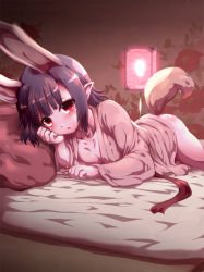 Rule 34 | 1girl, animal ears, bandai namco, bed, bedroom, blush, breasts, cleavage, hasaha, indoors, medium breasts, nipple slip, nipples, open clothes, pillow, pointy ears, red eyes, short hair, solo, summon night, summon night 2, tail, tokyo (great akuta)