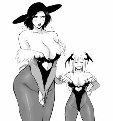 Rule 34 | 2girls, alcina dimitrescu, black hair, black headwear, black leotard, blush, breasts, bridal gauntlets, capcom, cleavage, clothing cutout, company connection, cosplay, crossover, greyscale, head wings, heart cutout, height difference, large breasts, leotard, long hair, monochrome, morrigan aensland, morrigan aensland (cosplay), multiple girls, open mouth, pantyhose, resident evil, resident evil village, shibusun, signature, smile, tall female, vampire (game), white hair, wings