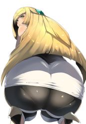 Rule 34 | 1girl, alternate color, ass, ass focus, bad id, bad twitter id, bare shoulders, black legwear, blonde hair, blush, breasts, commentary request, creatures (company), dress, from behind, game freak, green eyes, hair over one eye, high heels, highres, huge ass, long hair, looking at viewer, looking back, lusamine (pokemon), mature female, nintendo, nuezou, pantylines, parted lips, pokemon, pokemon sm, short dress, simple background, sleeveless, sleeveless dress, solo, squatting, teeth, very long hair, white background
