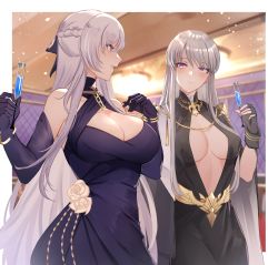 Rule 34 | 2girls, absurdres, alcohol, azur lane, bare shoulders, belfast (azur lane), belfast (the noble attendant) (azur lane), black gloves, blush, breasts, champagne flute, cleavage, cleavage cutout, clothing cutout, cup, detached sleeves, dress, drinking glass, enterprise (azur lane), enterprise (heroic finery) (azur lane), evening gown, fingerless gloves, gloves, hair ribbon, highres, indoors, large breasts, long hair, looking at another, multiple girls, official alternate costume, pnatsu, purple eyes, ribbon, silver hair
