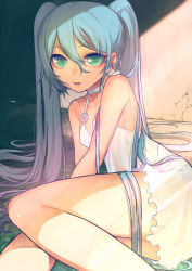 Rule 34 | 1girl, aqua eyes, aqua hair, bad id, bad pixiv id, crack, cracked wall, face, hatsune miku, leaning to the side, long hair, noco (adamas), sitting, solo, twintails, very long hair, vocaloid