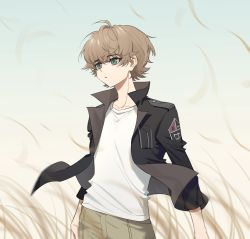 Rule 34 | 1boy, arms at sides, black jacket, brown hair, commentary, ema yuzuru, grass, green eyes, highres, jacket, looking away, open clothes, open jacket, shirt, short hair, shuijiao tu, solo, symbol-only commentary, t-shirt, upper body, wind, world trigger