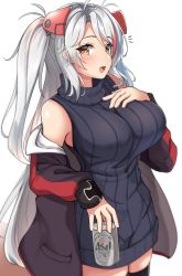 Rule 34 | 1girl, :d, absurdres, azur lane, bare shoulders, black jacket, black sweater, black thighhighs, breasts, brown eyes, can, commentary request, greyscale, hand up, headgear, highres, holding, holding can, jacket, large breasts, long hair, long sleeves, looking at viewer, monochrome, moyoron, multicolored hair, off shoulder, open clothes, open jacket, open mouth, prinz eugen (azur lane), red hair, silver hair, simple background, sleeveless, sleeveless sweater, sleeveless turtleneck, sleeves past wrists, smile, solo, streaked hair, sweater, thighhighs, turtleneck, turtleneck sweater, two side up, unfinished, very long hair, white background