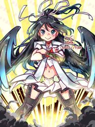 1girl artist_logo asymmetrical_gloves black_hair black_wings boots crossdressing dated feet_out_of_frame gauntlets gloves green_eyes gunbuster_pose hair_ribbon jinbaori kantai_collection katsuragi_(kancolle) kutone_shirika logo long_hair looking_at_viewer navel original_remodel_(kantai_collection) ponytail ribbon skirt solo thigh_boots uneven_gloves white_ribbon white_skirt wings yellow_background