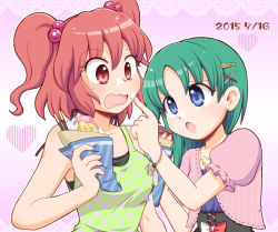 Rule 34 | 2girls, alternate costume, blue eyes, blush, breasts, casual, commentary request, contemporary, cream, crepe, dating, feeding, food, gradient background, green hair, hair bobbles, hair ornament, hairclip, holding, holding food, manaka (pdx), multiple girls, onozuka komachi, open mouth, red eyes, red hair, religious offering, shiki eiki, short hair, sweatdrop, touhou, translation request, twintails, two side up, yuri