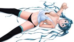 Rule 34 | 00s, 1girl, aqua eyes, aqua hair, arm behind back, artist name, bare shoulders, black panties, bow, bow panties, breasts, cleavage, hair in own mouth, hatsune miku, highres, holding, holding jewelry, holding necklace, jewelry, koba (furikake-p), light smile, long hair, looking at viewer, lying, matching hair/eyes, medium breasts, navel, necklace, no bra, on back, panties, pink bow, shadow, solo, tank top, tattoo, thighhighs, twintails, underwear, vocaloid