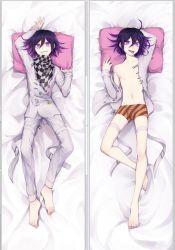 Rule 34 | 1boy, ahoge, arm up, barefoot, bed sheet, black hair, bulge, buttons, commentary request, dakimakura (medium), danganronpa (series), danganronpa v3: killing harmony, double-breasted, from above, full body, grin, hair between eyes, jacket, jewelry, long sleeves, looking at viewer, lying, male focus, male underwear, multicolored hair, multiple views, nanin, navel, nipples, on back, open mouth, oma kokichi, pale skin, pants, pectorals, pillow, purple eyes, purple hair, scarf, shirt, short hair, smile, stomach, striped, tongue, tongue out, two-tone hair, underwear, white jacket, white pants