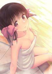 Rule 34 | 10s, 1girl, animal ears, bare arms, bare legs, bare shoulders, blush, bow, breasts, brown hair, cleavage, closed mouth, collarbone, day, from above, fukuro daizi, hair bow, hand on own chest, highres, long hair, looking at viewer, looking up, medium breasts, naked towel, onsen, pink bow, rulutieh, sitting, smile, soaking feet, solo, sunlight, tail, tareme, towel, utawarerumono, utawarerumono: itsuwari no kamen, water