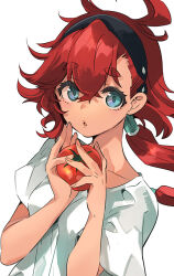 Rule 34 | 1girl, black hairband, blue eyes, collarbone, food, gundam, gundam suisei no majo, hair between eyes, hairband, holding, holding food, holding vegetable, ito noizi, long hair, looking at viewer, parted lips, red hair, shirt, short sleeves, simple background, solo, suletta mercury, thick eyebrows, tomato, upper body, vegetable, white background, white shirt