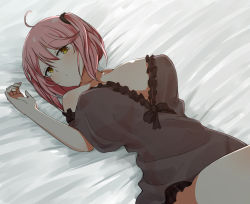 Rule 34 | 1girl, ahoge, blush, breasts, cleavage, commentary request, large breasts, looking at viewer, lying, nightgown, no bra, no panties, on back, open mouth, philuffy aingram, pink hair, saijaku muhai no bahamut, senju (snz0), sleepwear, solo, yellow eyes