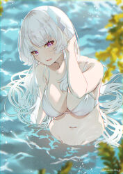 Rule 34 | 1girl, absurdres, bikini, blue archive, blunt bangs, blurry, blurry background, breasts, cleavage, groin, highres, large breasts, long hair, looking at viewer, navel, noa (blue archive), open mouth, partially submerged, purple eyes, solo, swimsuit, twitter username, water, wet, white bikini, yumenoakagi