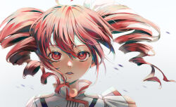 1girl ahoge belt black_belt bow buttons double-breasted double-parted_bangs drill_hair hair_between_eyes hair_bow hair_ribbon highres ishidapam jacket kasane_teto kasane_teto_(sv) lips looking_at_viewer parted_lips portrait red_eyes red_hair red_trim ribbon shoulder_belt shoulder_boards simple_background solo straight-on striped_clothes striped_jacket synthesizer_v teeth twin_drills utau white_background white_bow white_ribbon