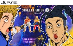 Rule 34 | 2boys, action figure, aleks le, black eyes, black hair, blonde hair, blue eyes, braid, braided ponytail, commentary, english commentary, english text, jamie siu, ken masters, lips, luke sullivan, male focus, meme, multiple boys, official art, open mouth, pac-man eyes, pointing, ryu (street fighter), scar, scar across eye, single braid, street fighter, street fighter 6, thick eyebrows, two soyjaks pointing (meme), undercut, voice actor connection