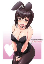 Rule 34 | 10s, 1girl, alternate costume, animal ears, bare arms, bare shoulders, black bow, black bowtie, black eyes, black hair, black pantyhose, blush, bow, bowtie, breasts, cleavage, collarbone, covered navel, cowboy shot, detached collar, fake animal ears, fang, girls und panzer, happy birthday, highres, kawashima momo, kumoi takashi, large breasts, leotard, looking at viewer, monocle, open mouth, pantyhose, playboy bunny, rabbit ears, rabbit tail, short hair, solo, sweat, tail, v arms