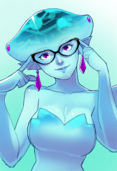 Rule 34 | 1girl, adjusting eyewear, aged up, bare shoulders, bespectacled, black-framed eyewear, blue lips, blue skin, blue theme, breasts, cleavage, colored skin, earrings, extra eyes, fins, fish girl, glasses, greenmarine, head fins, head tilt, hipster, hyrule warriors, jewelry, large breasts, lips, lipstick, looking at viewer, makeup, monster girl, nintendo, pointy ears, princess ruto, purple eyes, sideboob, smile, solo, spot color, the legend of zelda, the legend of zelda: ocarina of time, zora