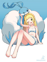 Rule 34 | &gt; o, 1girl, altaria, arm support, arm up, bare arms, bare legs, barefoot, blonde hair, blunt bangs, blush, braid, commentary request, creatures (company), eyelashes, full body, game freak, gen 3 pokemon, green eyes, highres, kinocopro, lillie (pokemon), long hair, navel, nintendo, one eye closed, open mouth, pokemon, pokemon (anime), pokemon (creature), pokemon sm (anime), sitting, swimsuit, toes, twitter username, watermark