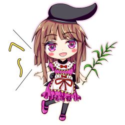 Rule 34 | 1girl, :d, absurdres, apron, artist request, black socks, blush, bow, brown hair, chibi, dress, full body, hat, hidden star in four seasons, highres, holding, kneehighs, looking at viewer, myouga (plant), nishida satono, open mouth, outline, pink dress, pink eyes, pink footwear, puffy short sleeves, puffy sleeves, red bow, shoes, short hair with long locks, short sleeves, sidelocks, simple background, smile, socks, solo, tate eboshi, touhou, translation request, waist apron, white background, yanmaa (yanmar195)