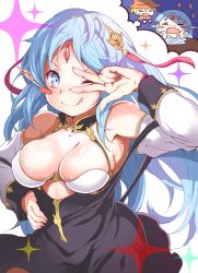Rule 34 | 2girls, ;q, aged up, alice soft, alternate breast size, armpits, bad id, bad pixiv id, blonde hair, blue eyes, blue hair, breasts, detached sleeves, drooling, hair ornament, hand on own hip, hat, kalar (race), large breasts, long hair, miotama, multiple girls, nagi su ragarl, one eye closed, pointy ears, rance (series), reset kalar, skindentation, smile, tongue, tongue out, v, v over eye, wizard hat